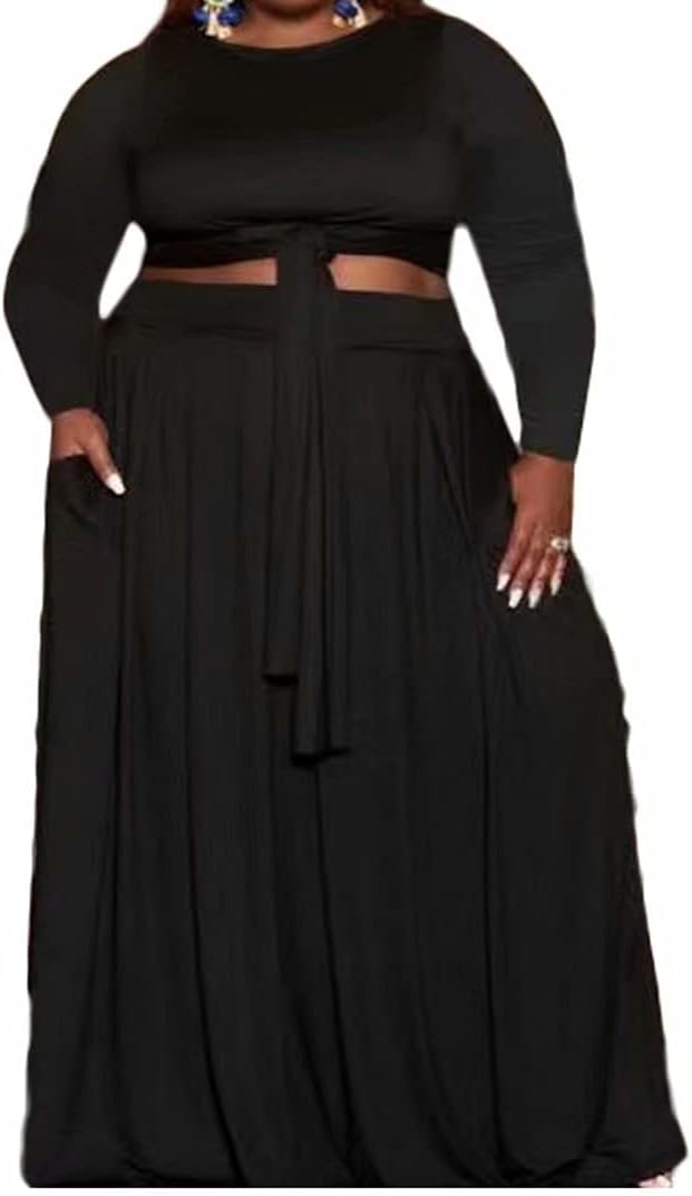 Womens Plus Size 2 Piece Dress Outfits Long Sleeve Bandage Wrap Empire Crop Tops and Skirt Sets