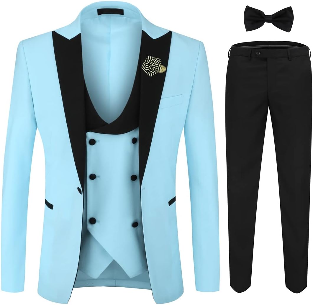 YFFUSHI Men's 3 Piece Suit Slim Fit One Button Prom Suits Set Blazer Vest Trousers