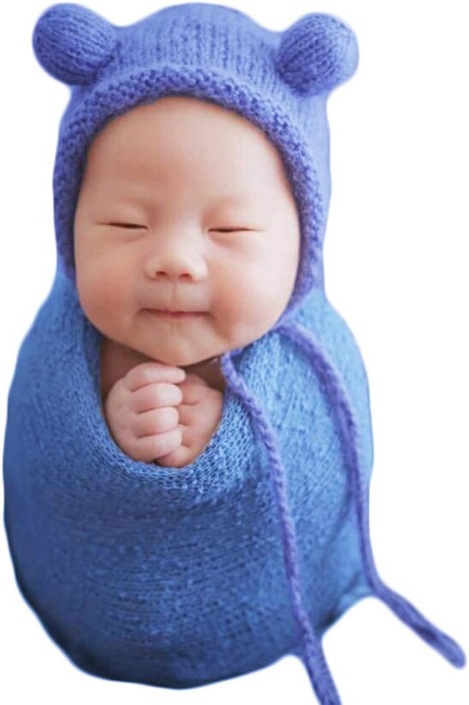 Zeroest Baby Photography Props Wrap Hat Newborn Photo Shoot Outfits Infant Photos Hats Blanket Set (Blue)