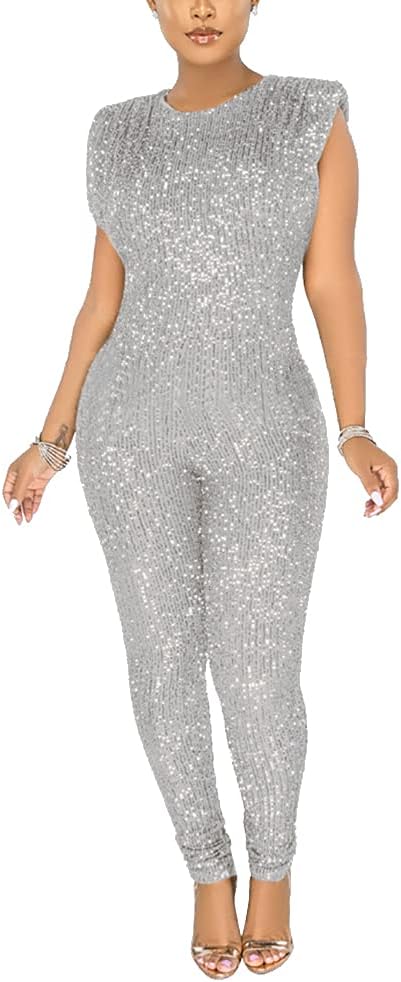 THLAI Women Sexy Glitter Sequins Sparkling Jumpsuits Sleeveless Metallic Shiny One Piece Outfits Romper Clubwear Playsuit