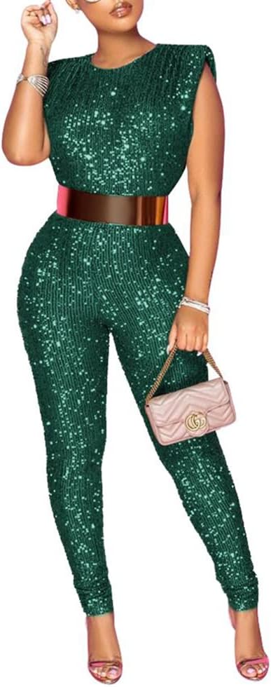 THLAI Women Sexy Glitter Sequins Sparkling Jumpsuits Sleeveless Metallic Shiny One Piece Outfits Romper Clubwear Playsuit