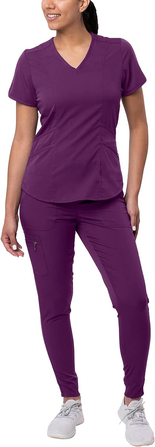 Adar Pro Modern Athletic Scrub Set for Women - Modern V-Neck Scrub Top & Yoga Jogger Scrub Pants