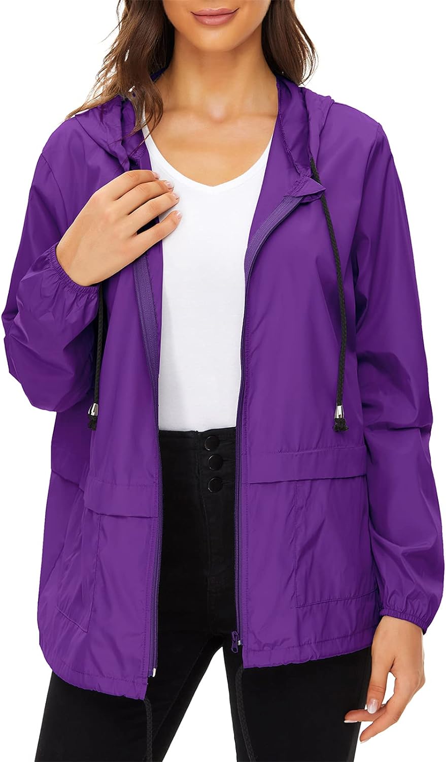 Women Rain Jackets Waterproof Packable Women's Active Jacket Hoodie Lightweight Raincoat Purple Large