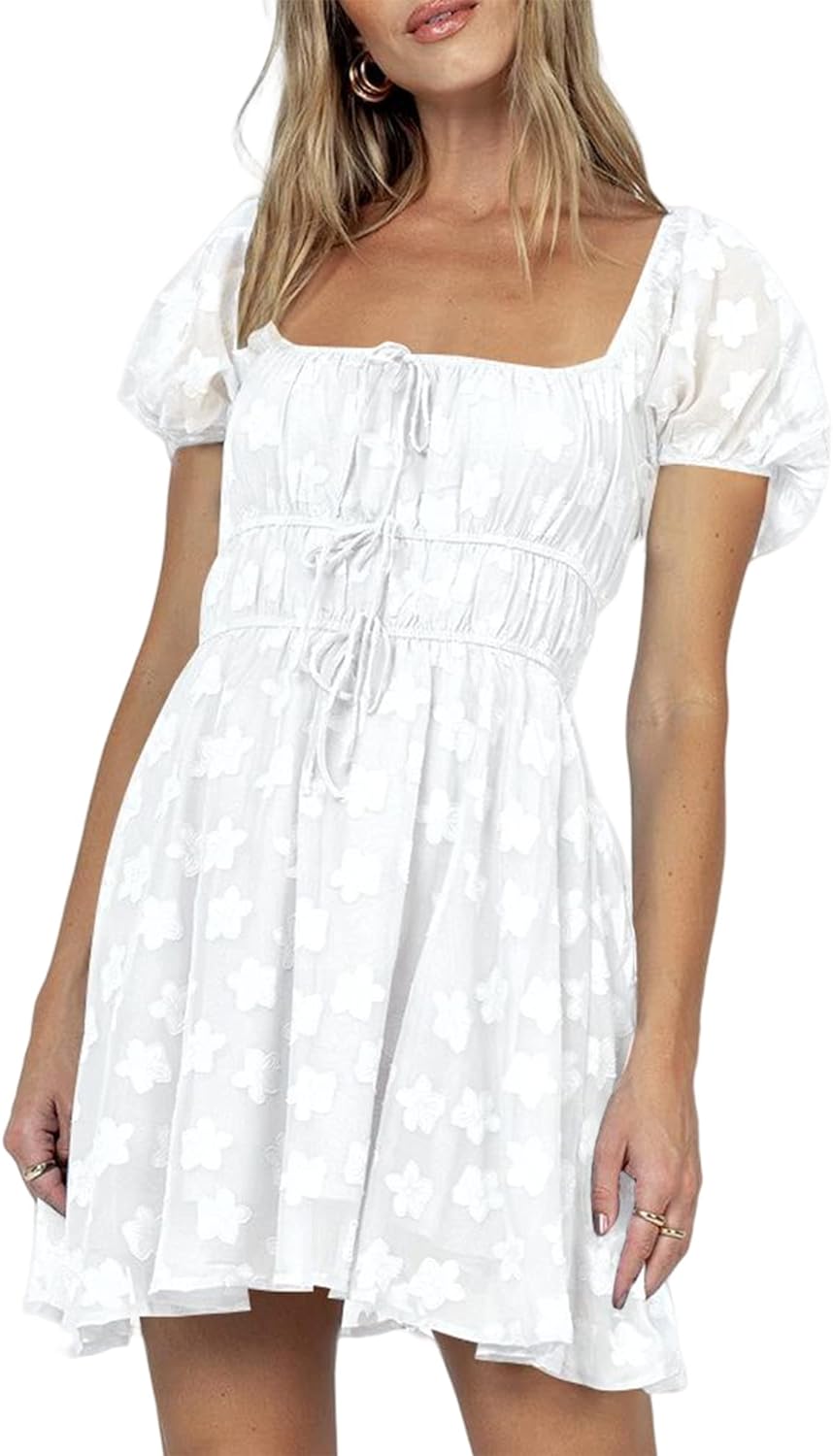 ZAFUL Women 2023 Summer Square Neck Short Puff Sleeve Mini Dress Aline Dress with Elastic Waist