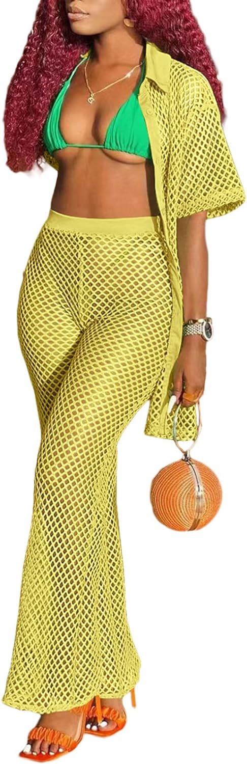 Women Cover Up 2 Piece Outfits Pants Set Hollow Out Fishnet Solid Button Shirt Blouse Top Wide Leg Pants Sets Jumpsuits