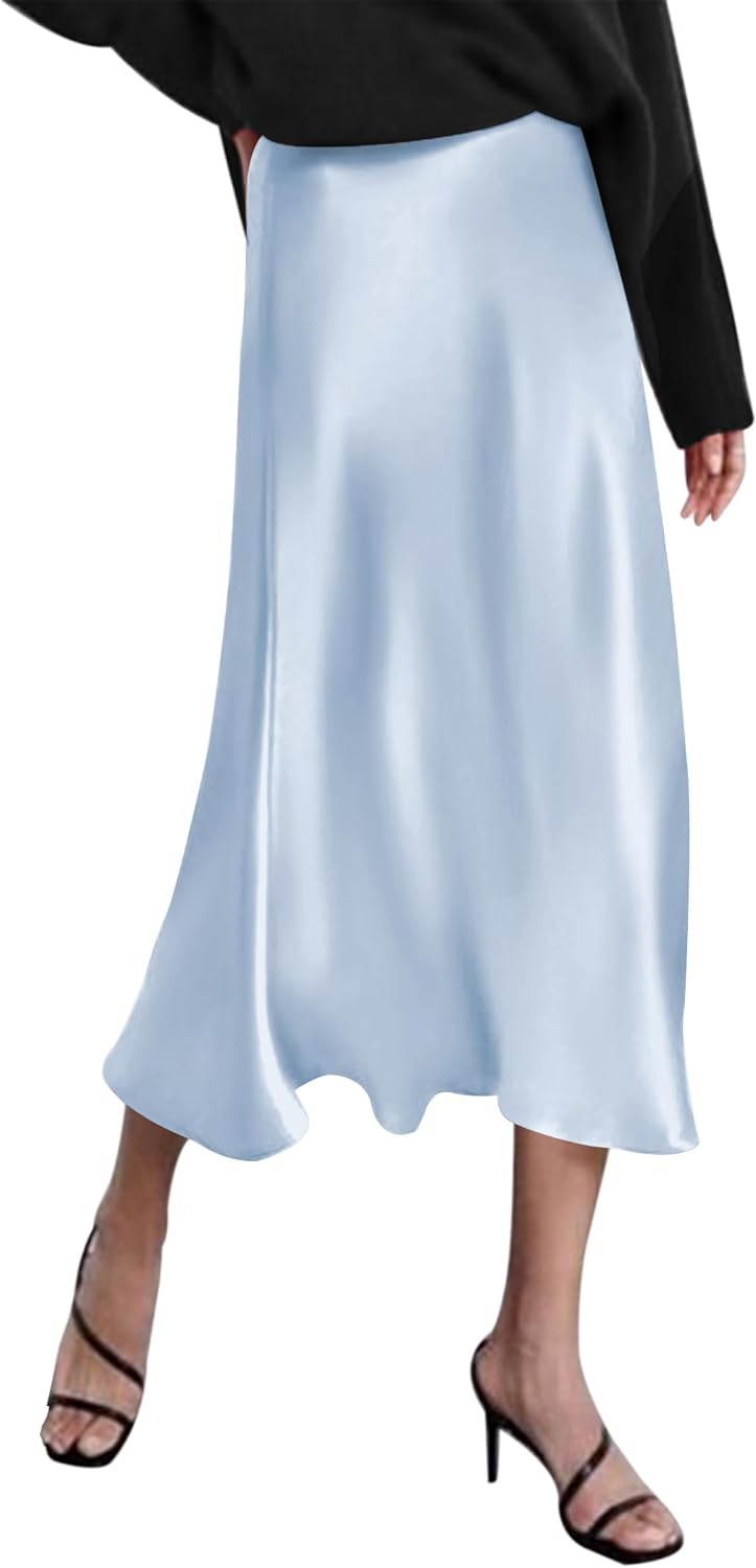 Zeagoo Womens Midi Skirt High Waisted Solid Satin Dress Zipper Elegant Work Skirts