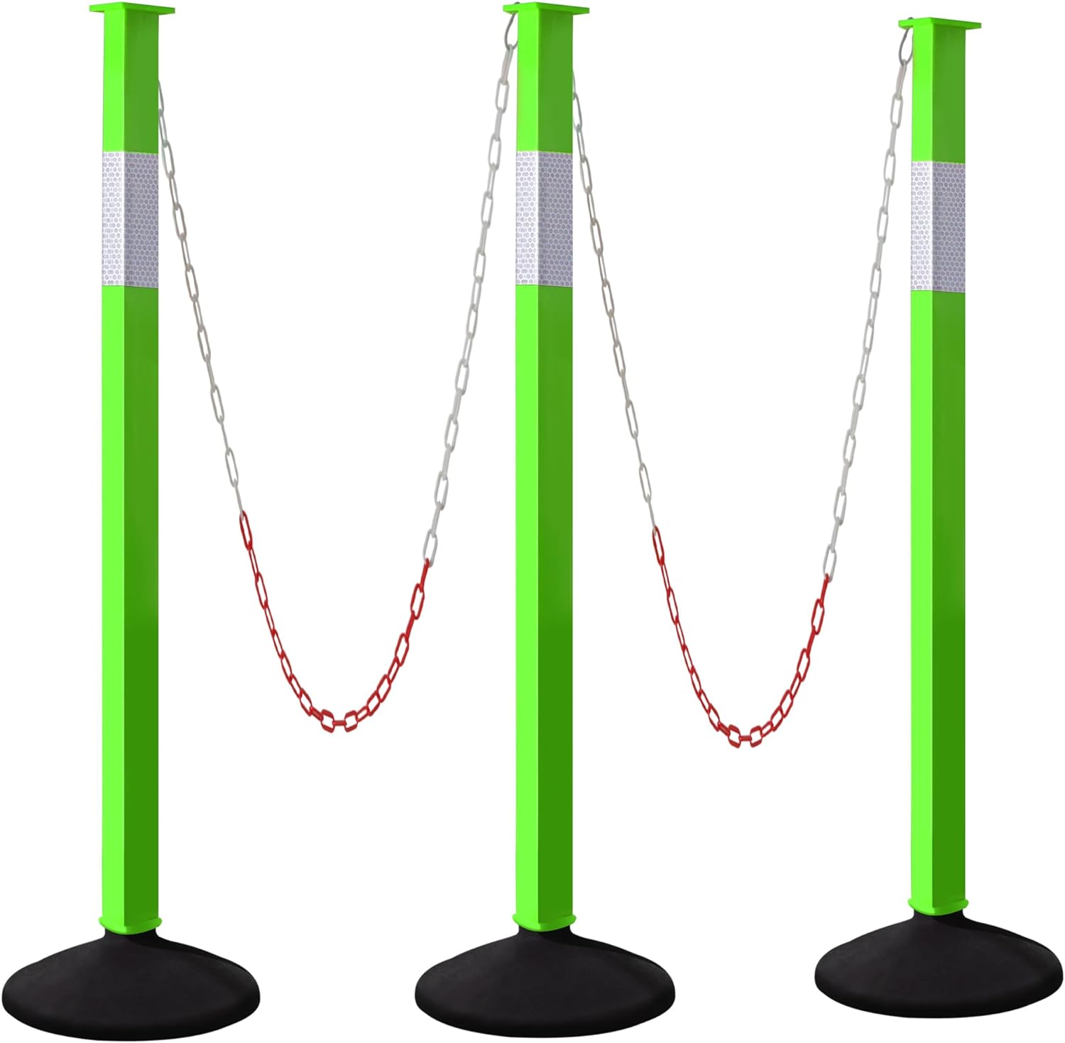 [3 Pack] Adjustable Traffic Delineator Post Cones with Rubber Weighted Base & Reflective Collars, Green Parking Safety Cones with 4 FT Plastic Chains - Driveway & Parking Barrier