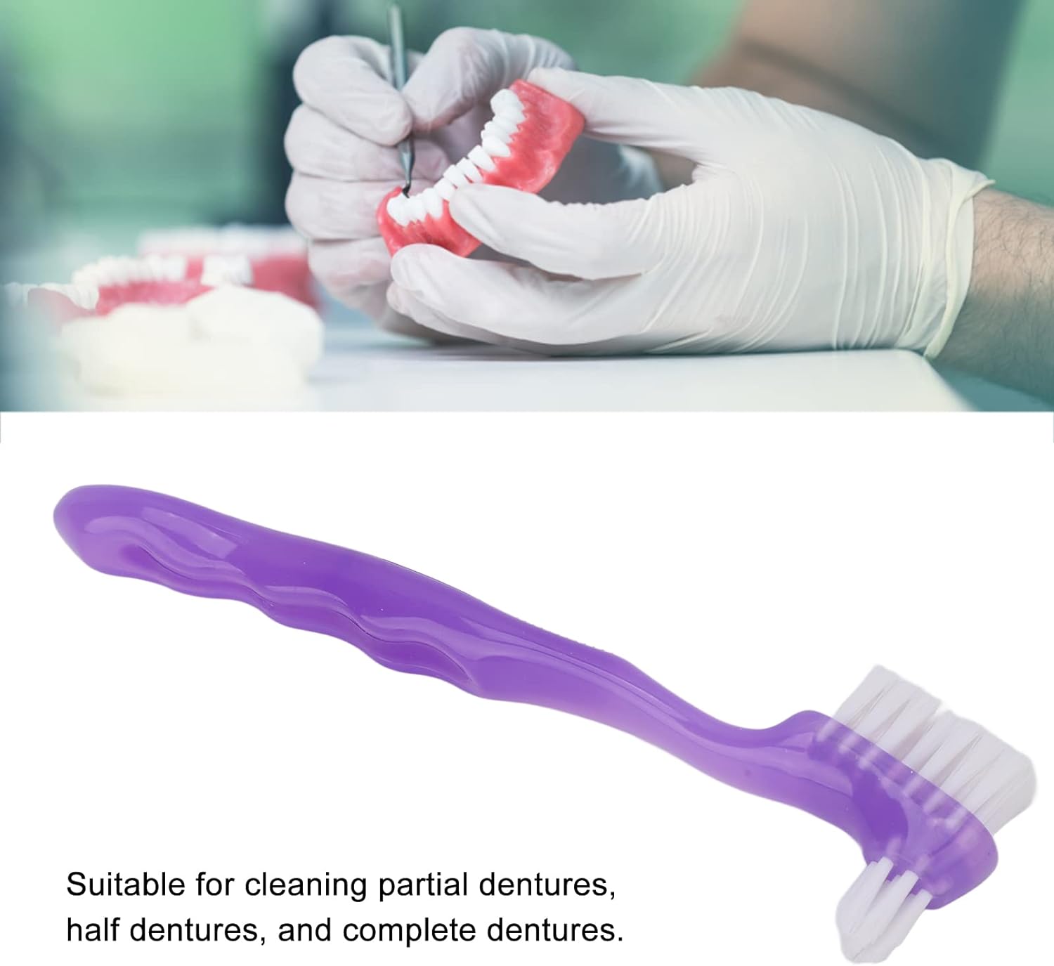 ZJchao False Teeth Cleaning Brush, Elderly Portable False Teeth Container Denture Brush Gift for False Teeth Cleaning Home Travel(Purple)