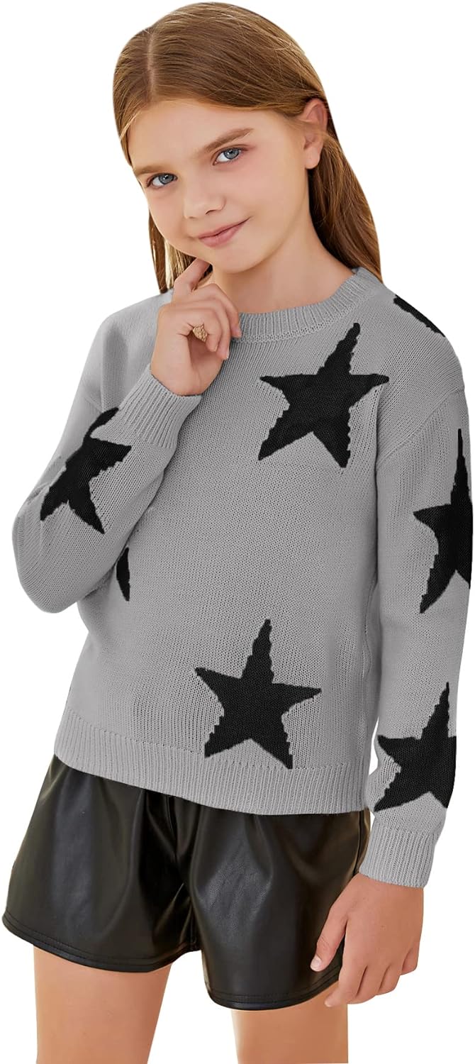 WDIRARA Girl's Star Pattern Round Neck Long Sleeve Sweater Casual Tops