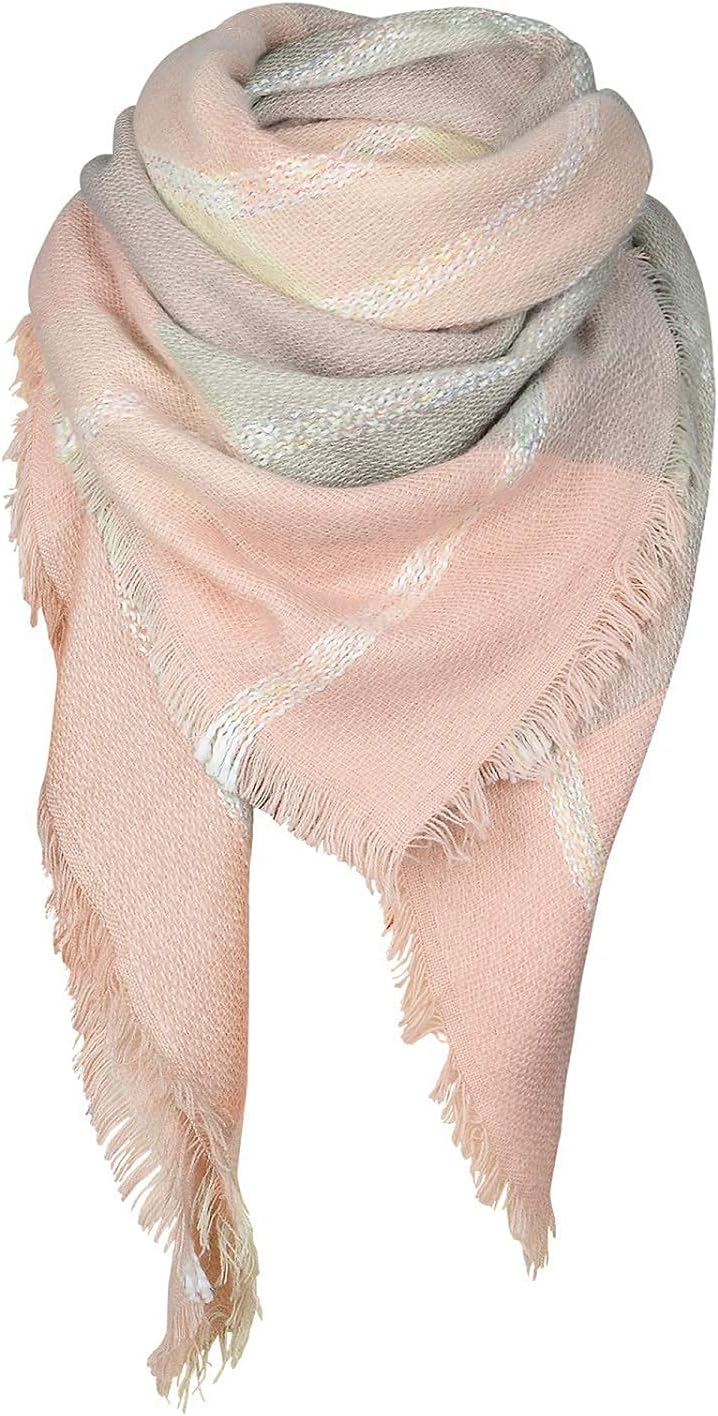 Zando Plaid Blanket Thick Winter Scarf Tartan Chunky Wrap Oversized Shawl Cape Scarves, T Light Pink Grey, One size