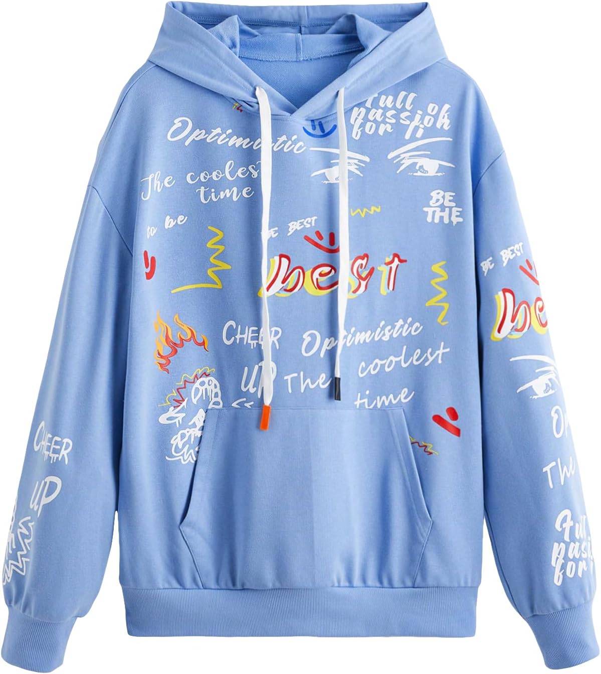 WDIRARA Men's Cartoon Letter Graphic Drawstring Hoodie Long Sleeve Pocket Sweatshirts