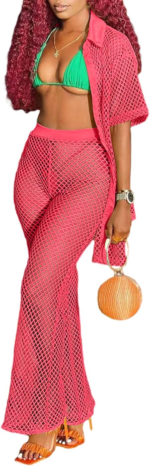 Women Cover Up 2 Piece Outfits Pants Set Hollow Out Fishnet Solid Button Shirt Blouse Top Wide Leg Pants Sets Jumpsuits