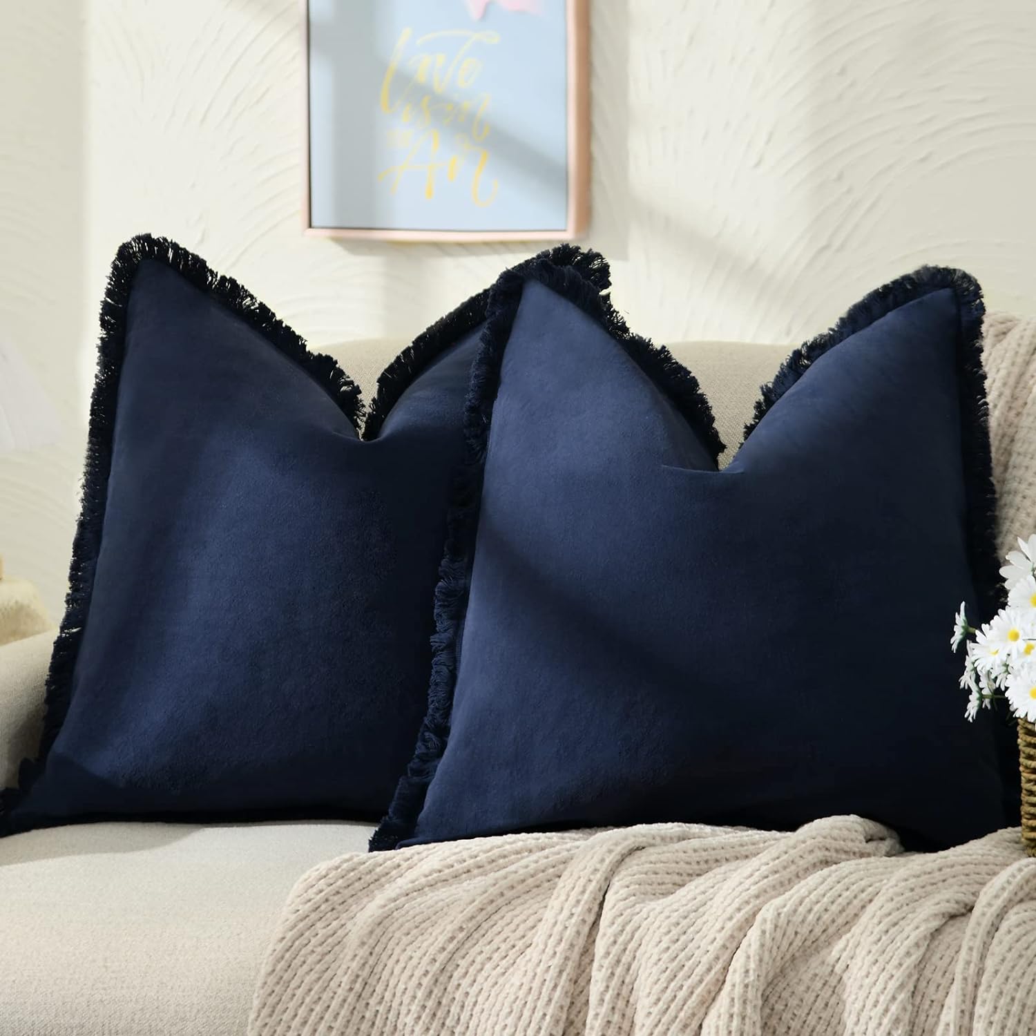 ZWJD Farmhouse Pillow Covers 22x22 Set of 2 Navy Throw Pillow Covers with Fringe Chic Cotton Decorative Pillows Square Cushion Covers for Sofa Couch Bed Living Room Boho Decor