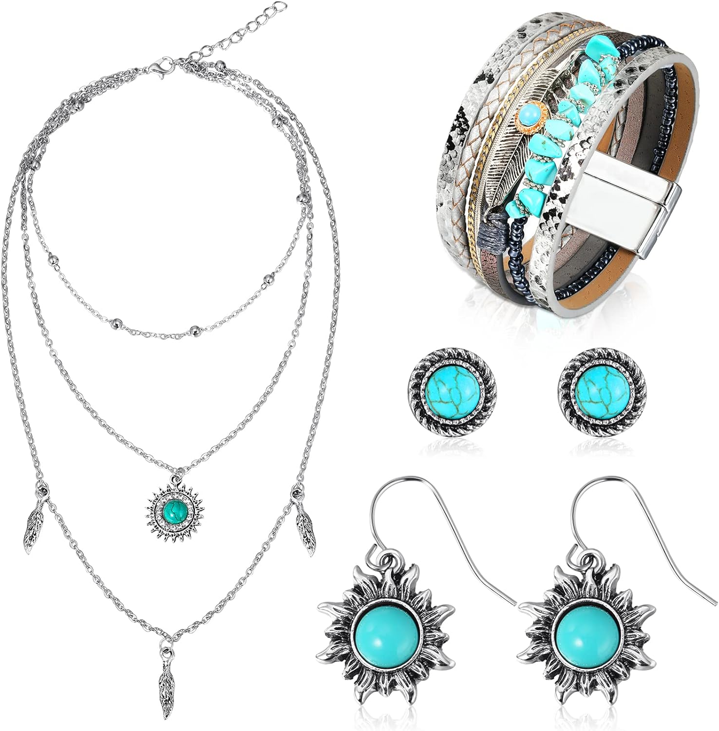 6 Pcs Western Jewelry for Women Boho Turquoise Necklace Bracelet Earring Jewelry Set Bohemian Dangle Earrings Multi Strand Feather Wrap Bracelet for Women
