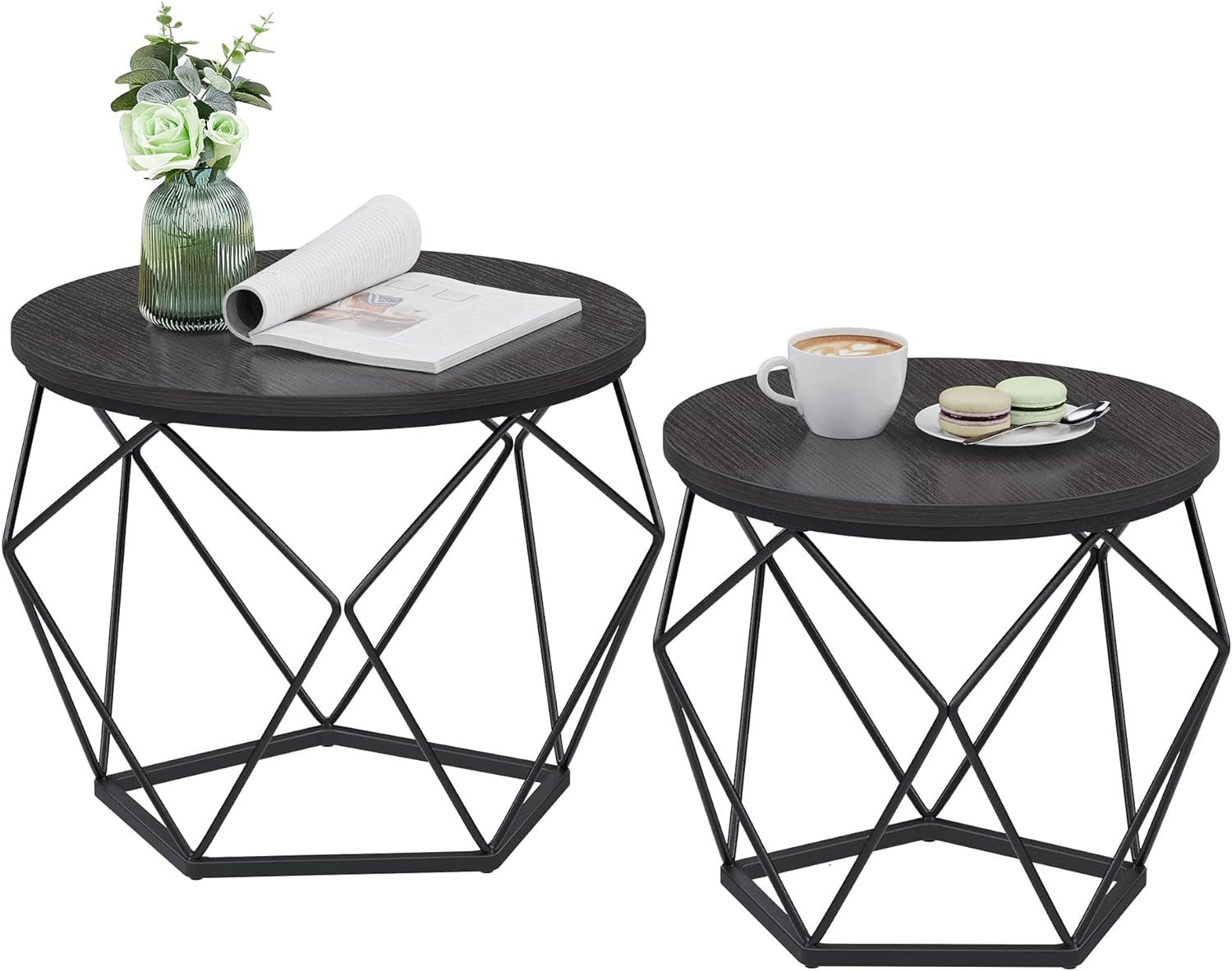 VASAGLE Small Coffee Table Set of 2, Round Coffee Table with Steel Frame, Side End Table for Living Room, Bedroom, Office, Marble White and Black