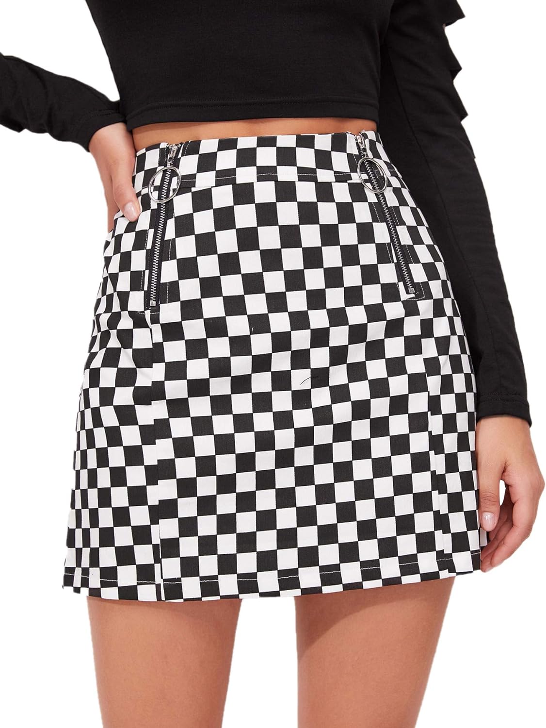 WDIRARA Women's Elegant Mid Waist Above Knee O-Ring Zipper Plaid Mini Skirt