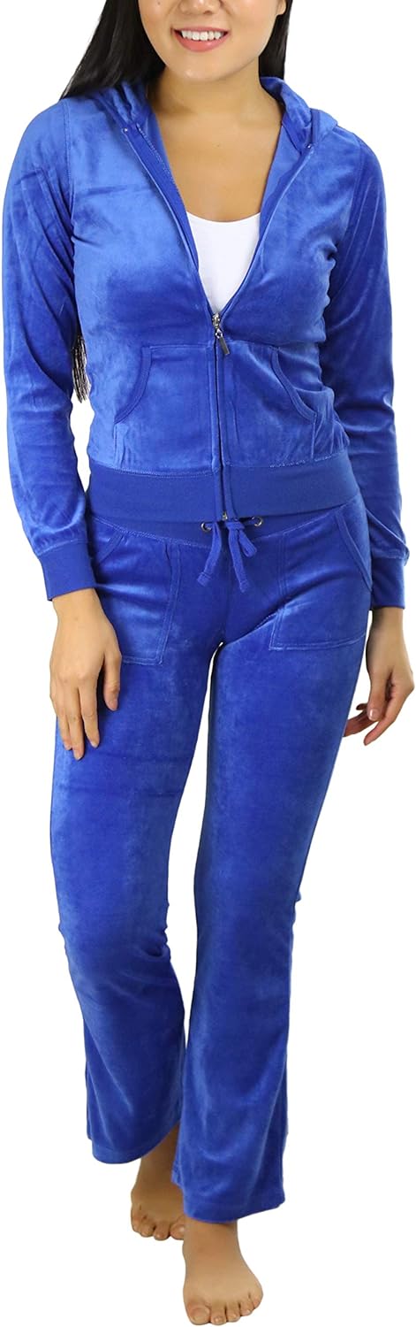 ToBeInStyle Women's Velour Tracksuit Zip-Up Hooded Jacket and Matching Pants