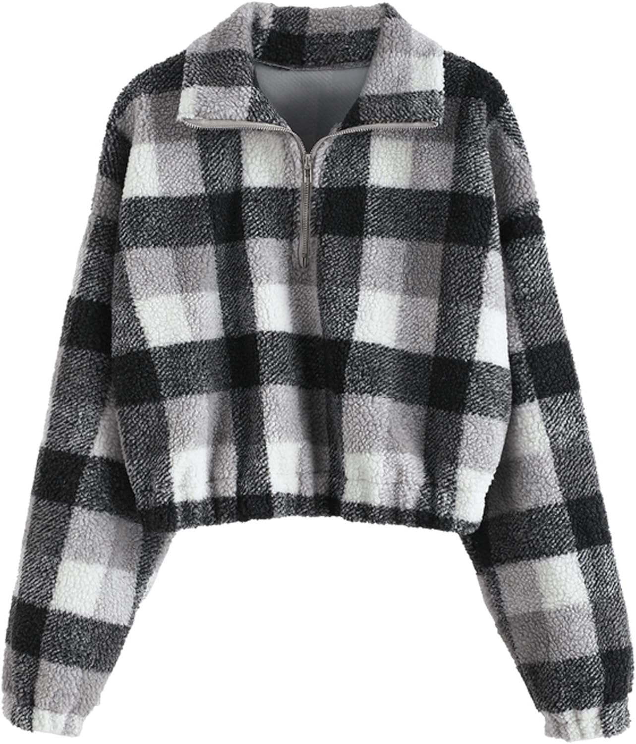 ZAFUL Women's Fashion Long Sleeve Lapel Half Zip Plain Faux Fur Sweatshirt Solid Color Crop Pullover Tops