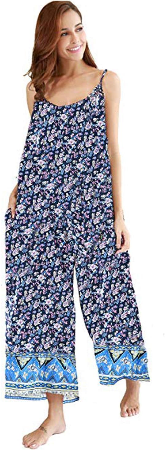 wexcen Jumpsuits for Women Floral Wide Leg Spaghetti Strap Sleeveless Casual Loose Ethnic Long Rompers with Pockets