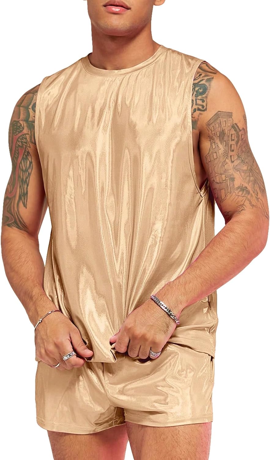 WDIRARA Men's 2 Piece Outfit Metallic Round Neck Sleeveless Tank Top and Drawstring Pocket Shorts