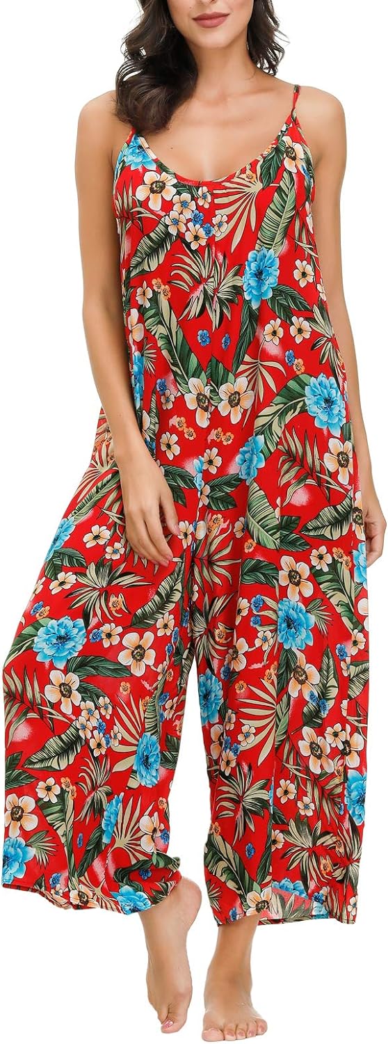 wexcen Jumpsuits for Women Floral Wide Leg Spaghetti Strap Sleeveless Casual Loose Ethnic Long Rompers with Pockets