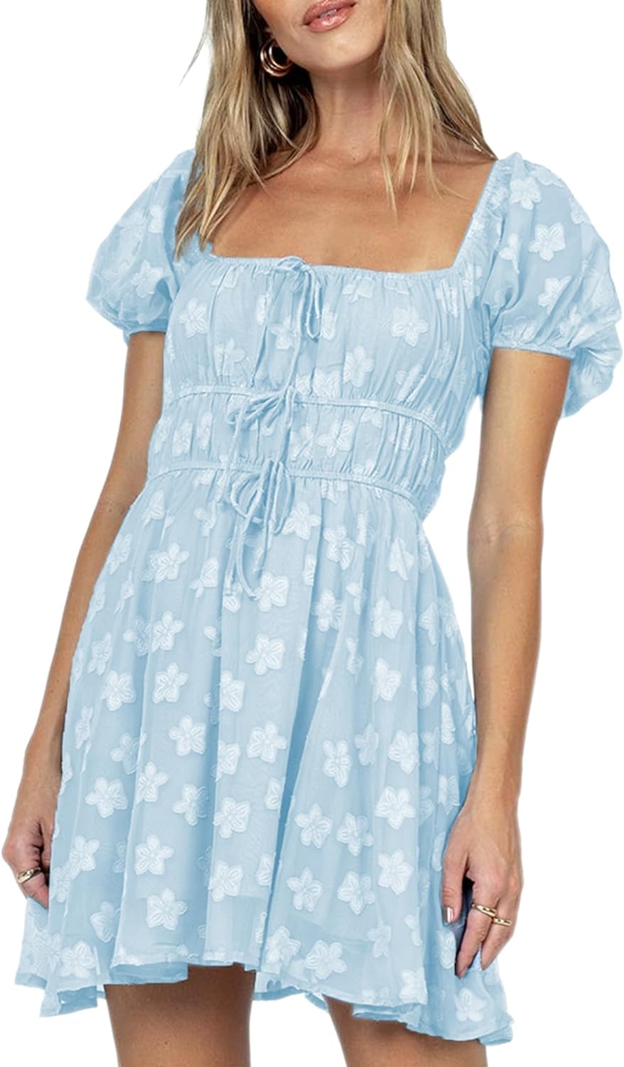 ZAFUL Women 2023 Summer Square Neck Short Puff Sleeve Mini Dress Aline Dress with Elastic Waist