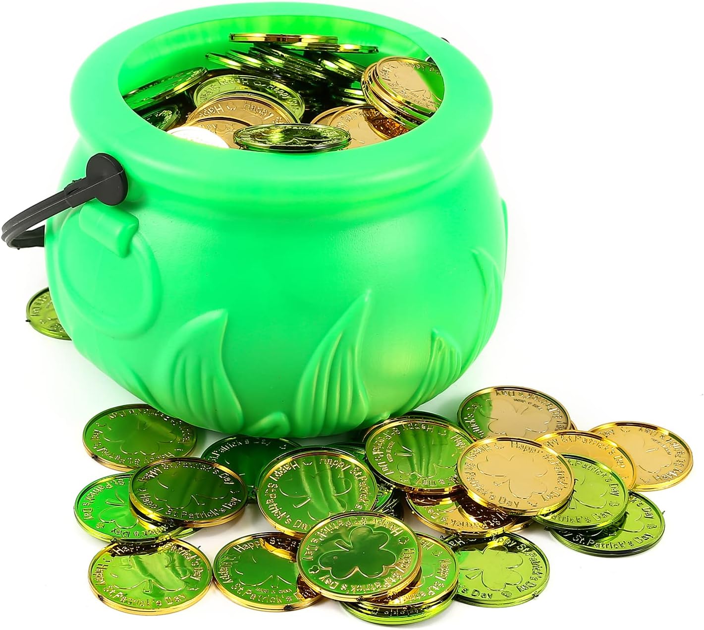 100 Pcs St Patricks Shamrock Coins & 1 Pcs Leprechaun Cauldron with Handle, Gold Green Lucky Clover Coins, Mini Green Cauldron St Patricks Candy Cauldron Kettle Pot, St Patrick's Day Party Decorations
