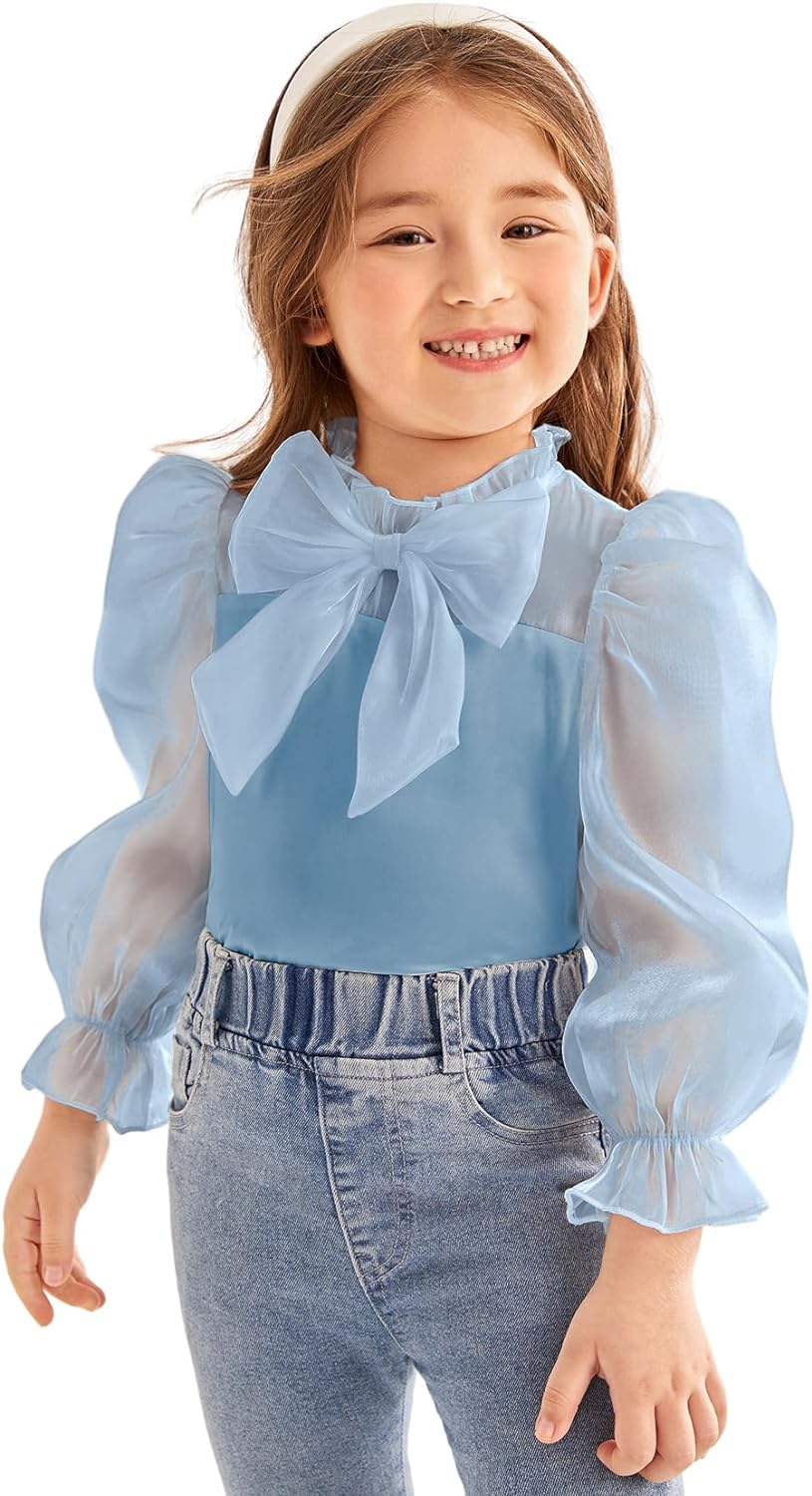 WDIRARA Toddler Girl's Mesh Sheer Long Sleeve Bowknot Mock Neck Frill Trim Blouse Top