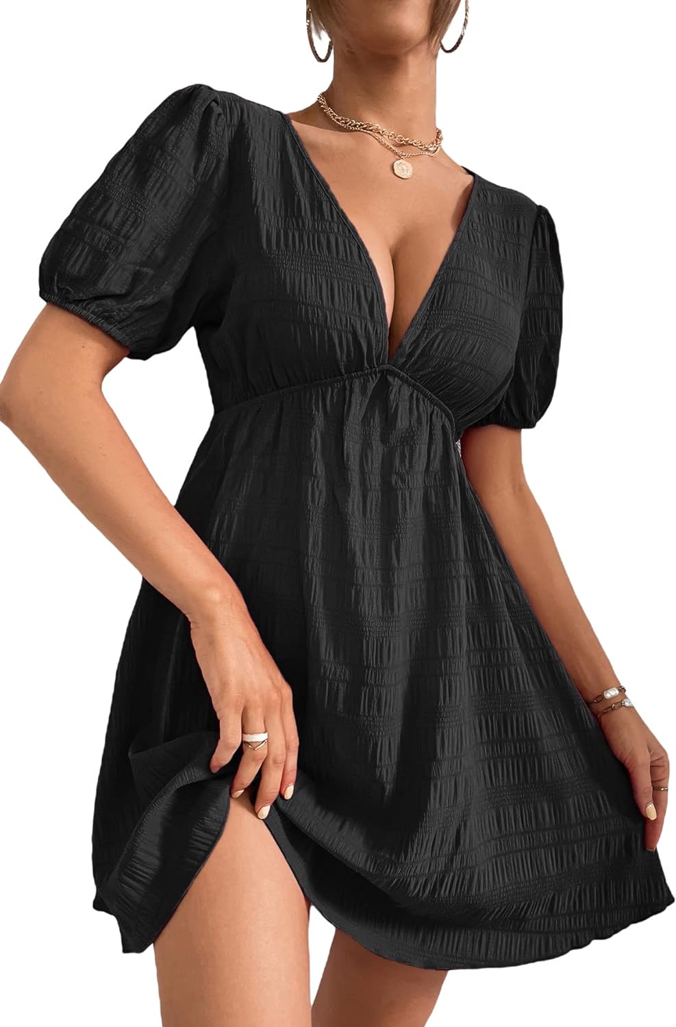 WDIRARA Women's Puff Sleeve Deep V Neck Tie Back Mini A Line Swing Dress