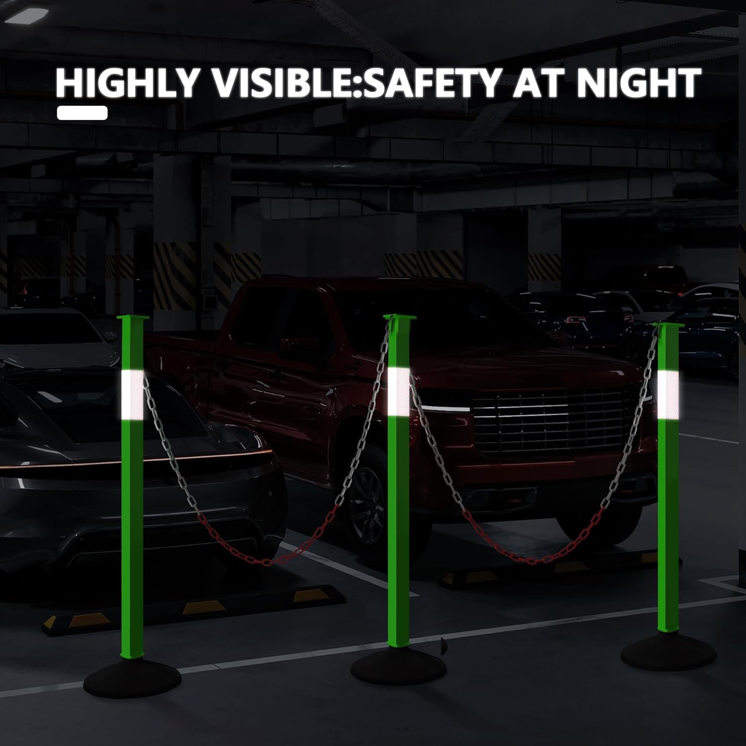 [3 Pack] Adjustable Traffic Delineator Post Cones with Rubber Weighted Base & Reflective Collars, Green Parking Safety Cones with 4 FT Plastic Chains - Driveway & Parking Barrier