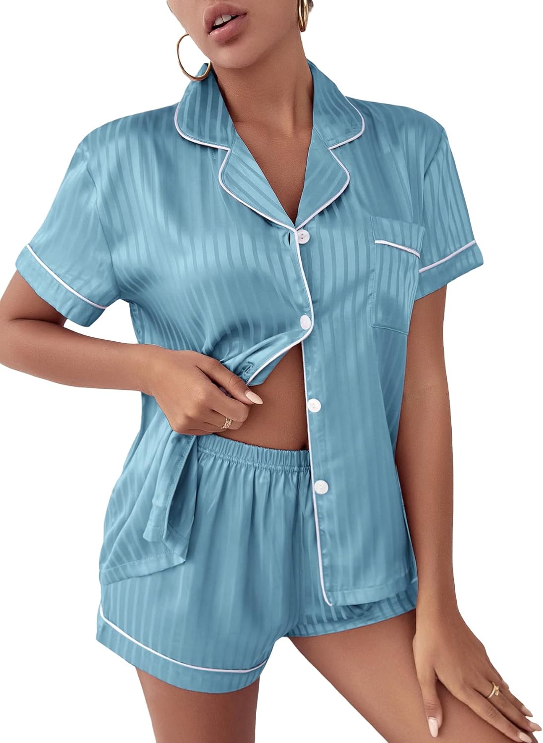 WDIRARA Women's Satin Sleepwear Short Sleeve Button Shirt and Shorts Pajama Set Silky PJ