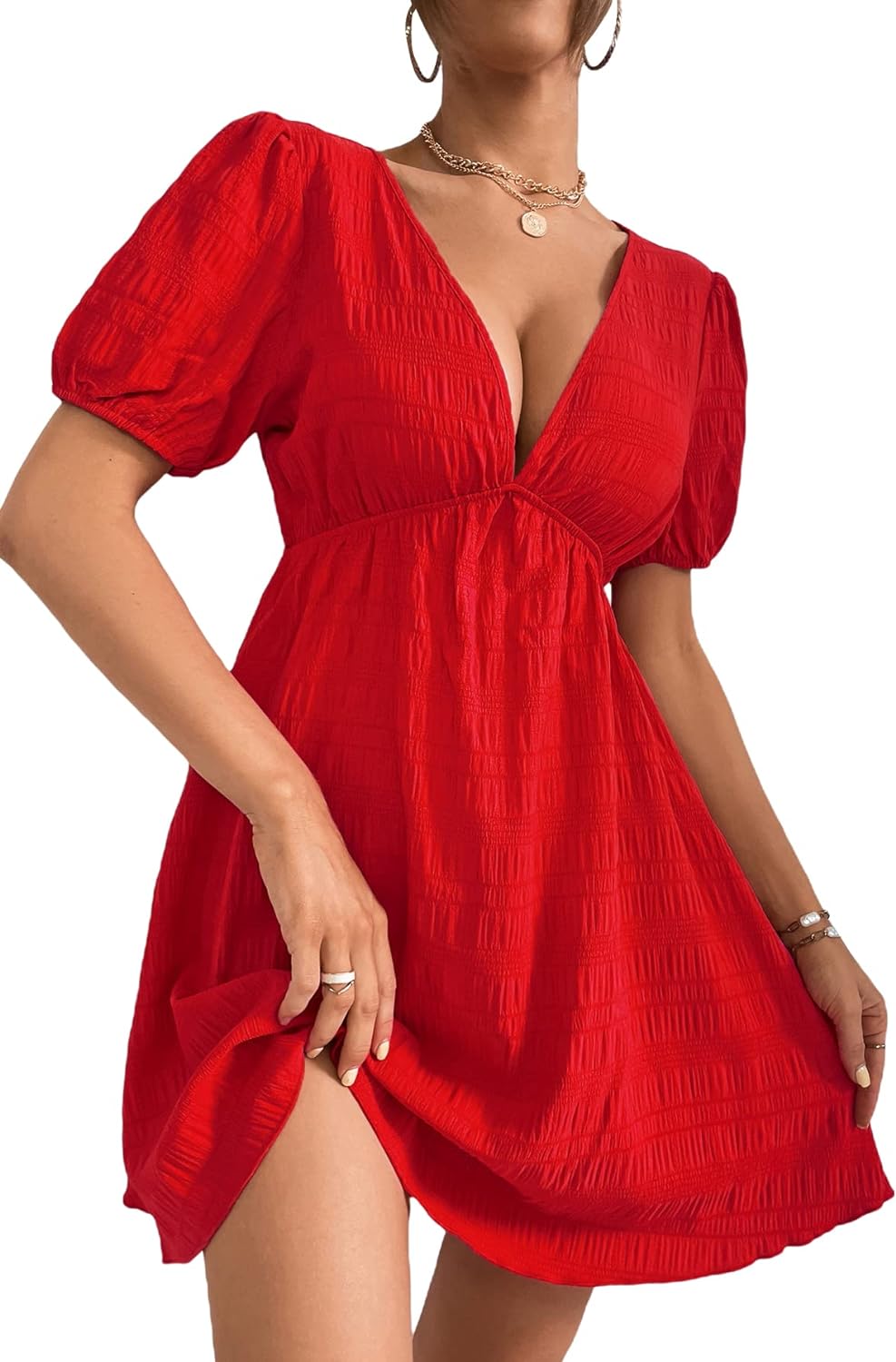 WDIRARA Women's Puff Sleeve Deep V Neck Tie Back Mini A Line Swing Dress