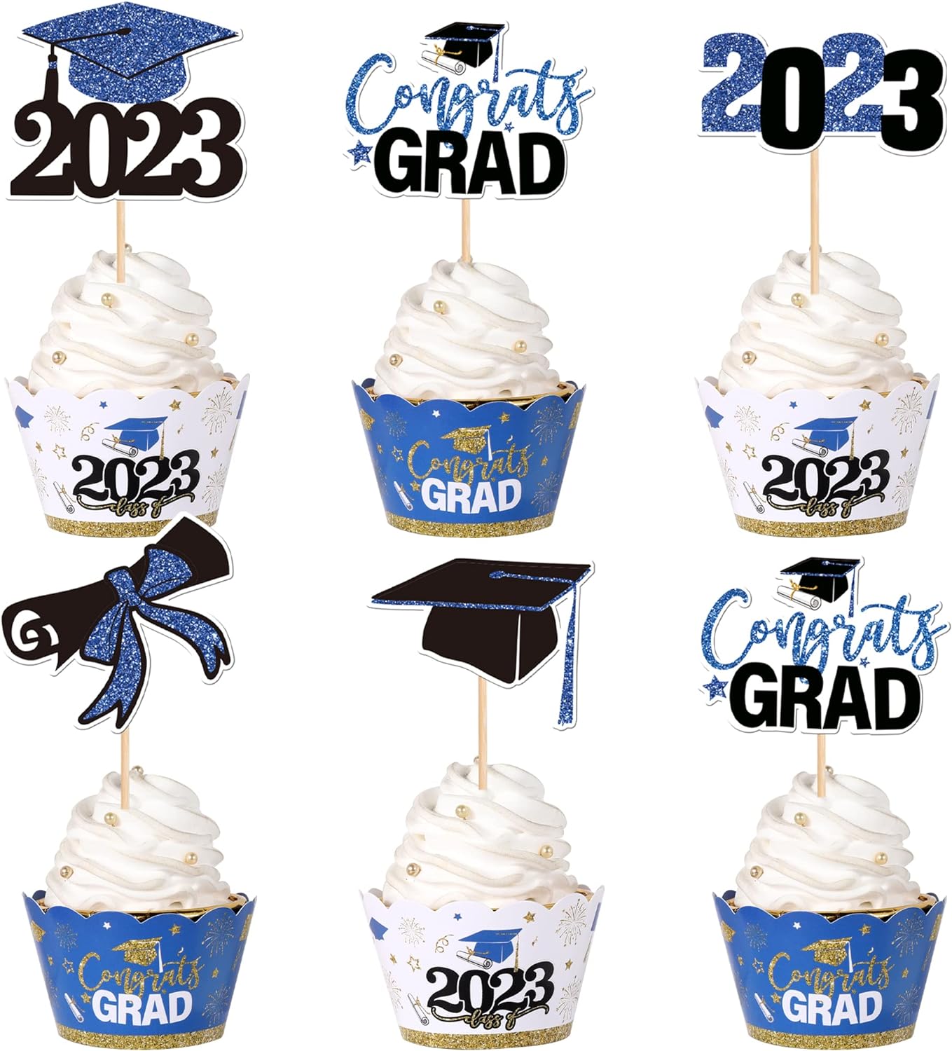 40 PCS 2023 Graduation Cupcake Toppers and Wrappers Double Sided Diploma Class of 2023 Congrats Grad Cap Cupcake Picks for 2023 Graduation Theme Party Cake Decorations Supplies Blue