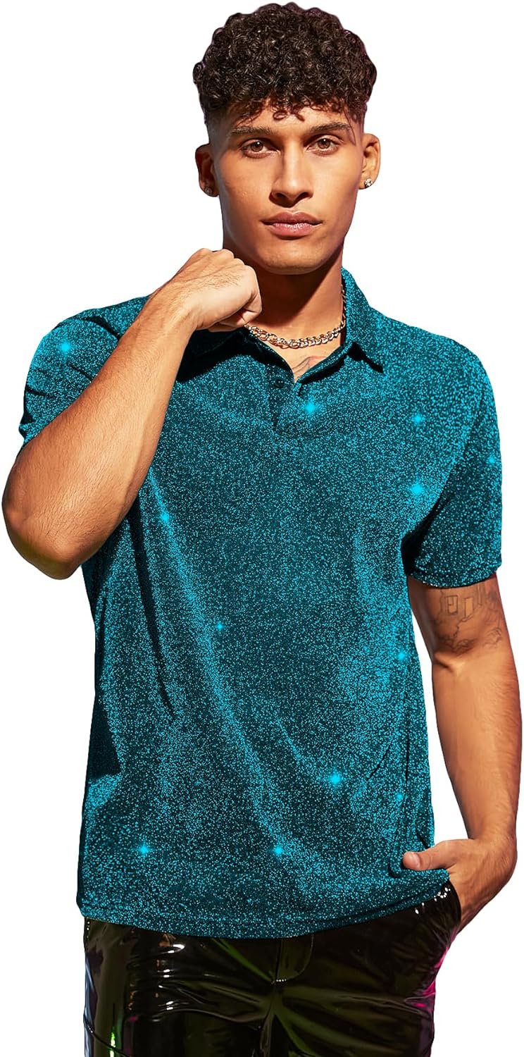 WDIRARA Men's Metallic Mesh V Neck Short Sleeve Sheer Top Golf Polo Shirts Partywear