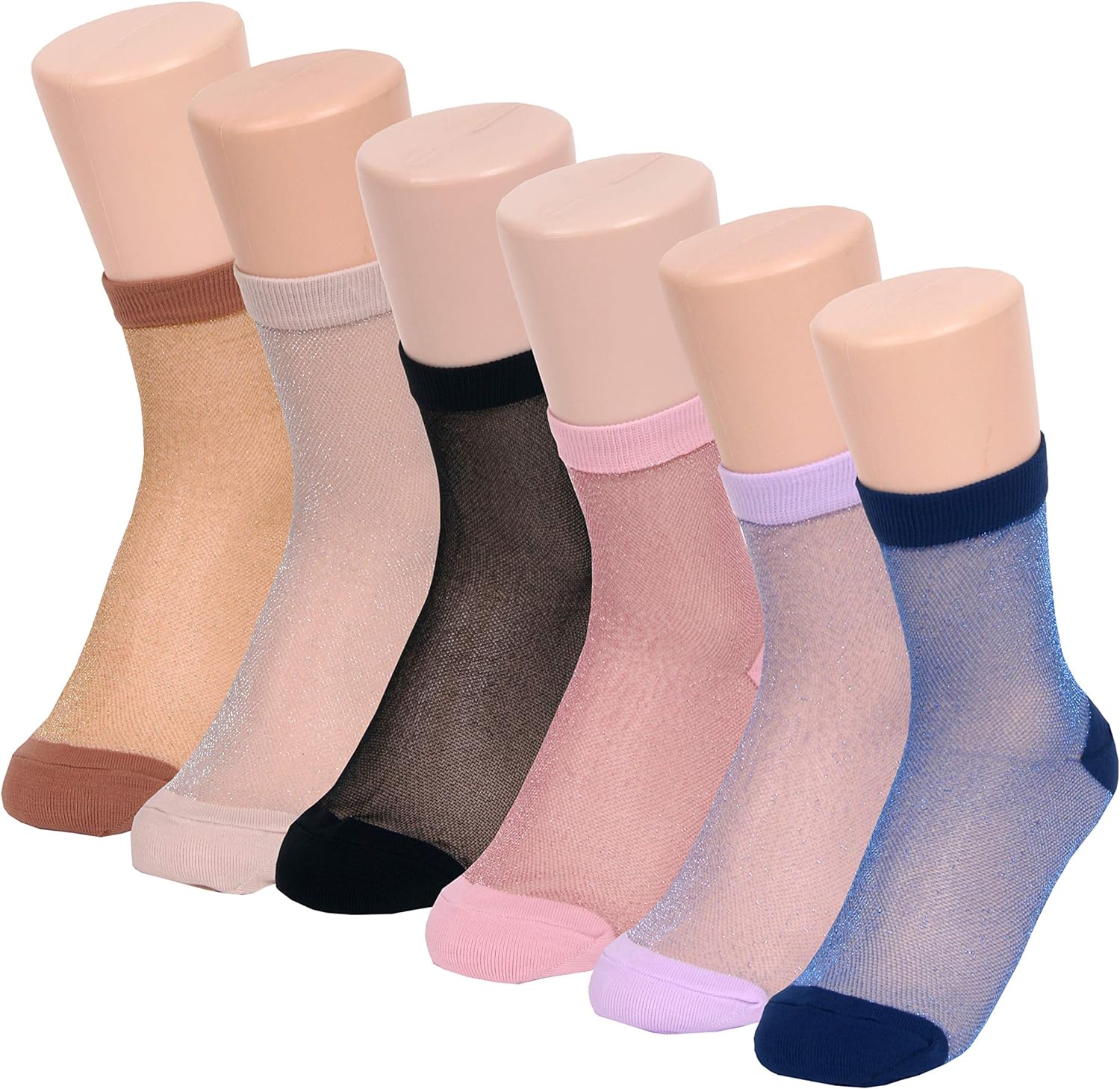 6 Pairs Glitter Sheer Mesh Transparent Socks Women - Ultrathin See Through Lace Elastic Ankle Socks