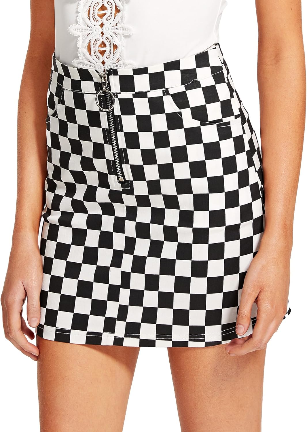 WDIRARA Women's Elegant Mid Waist Above Knee O-Ring Zipper Plaid Mini Skirt