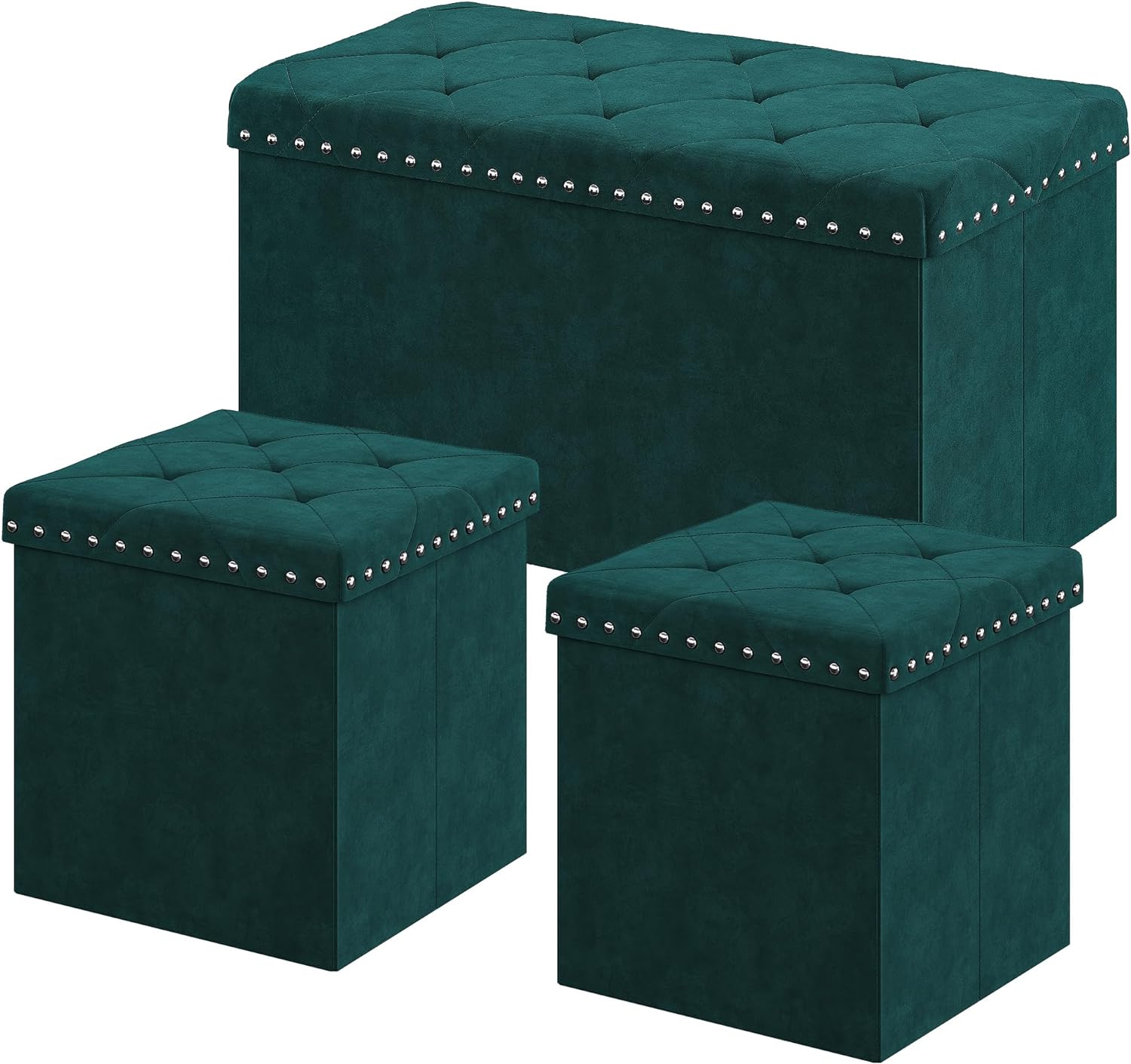 YITAHOME Velvet Tufted Storage Ottoman Bench with Stylish Rivets,for Bedroom Living Room Dressing Room for Multipurpose use (Set of 3, Green)