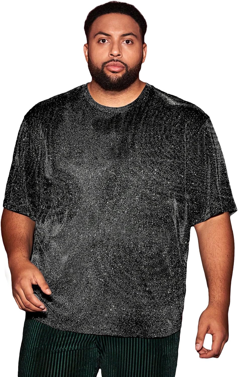 WDIRARA Men's Plus Size Giltter Round Neck T Shirt Short Sleeve Sparkly Party Tee Tops