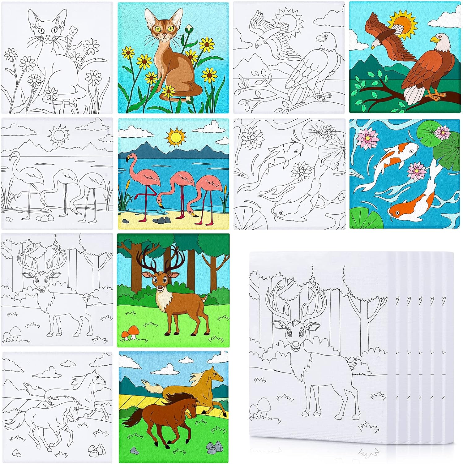 12 Pcs Pre Drawn Outline Canvas Art 4 x 4 inch, Back to School Pre Drawn Stretched Canvas Painting Boards for Painting First & Last Day of School Paint Party Favor for Kid Student (Cute Style)