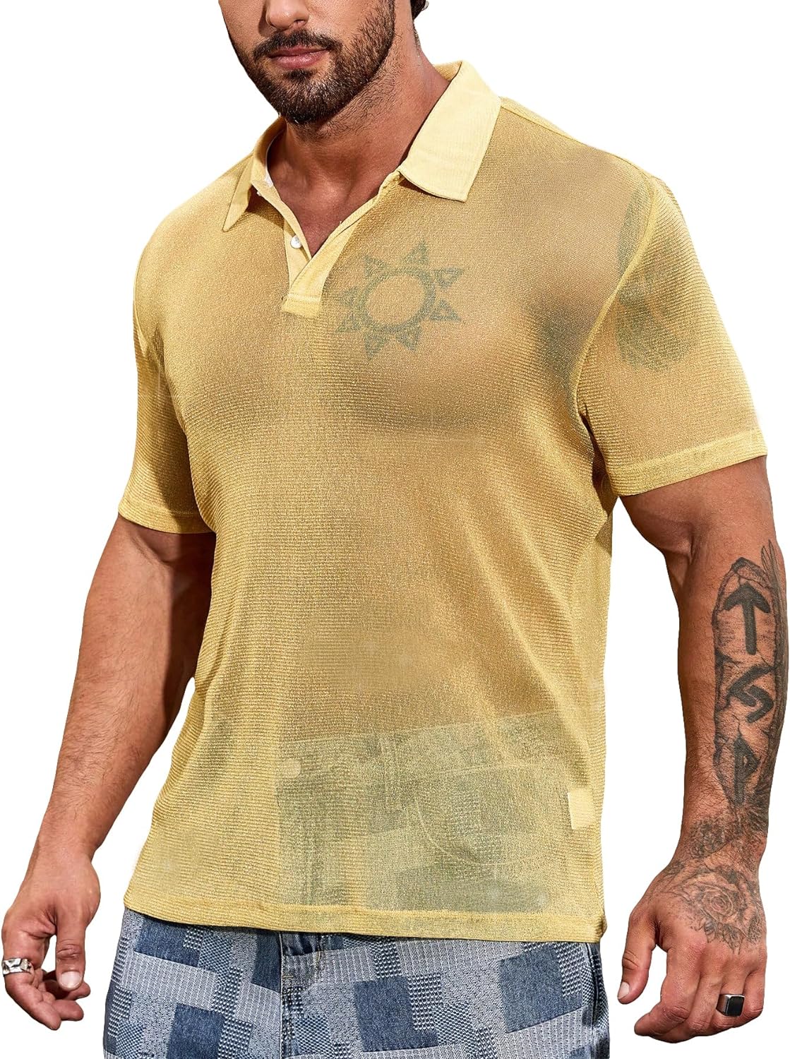 WDIRARA Men's Metallic Mesh V Neck Short Sleeve Sheer Top Golf Polo Shirts Partywear